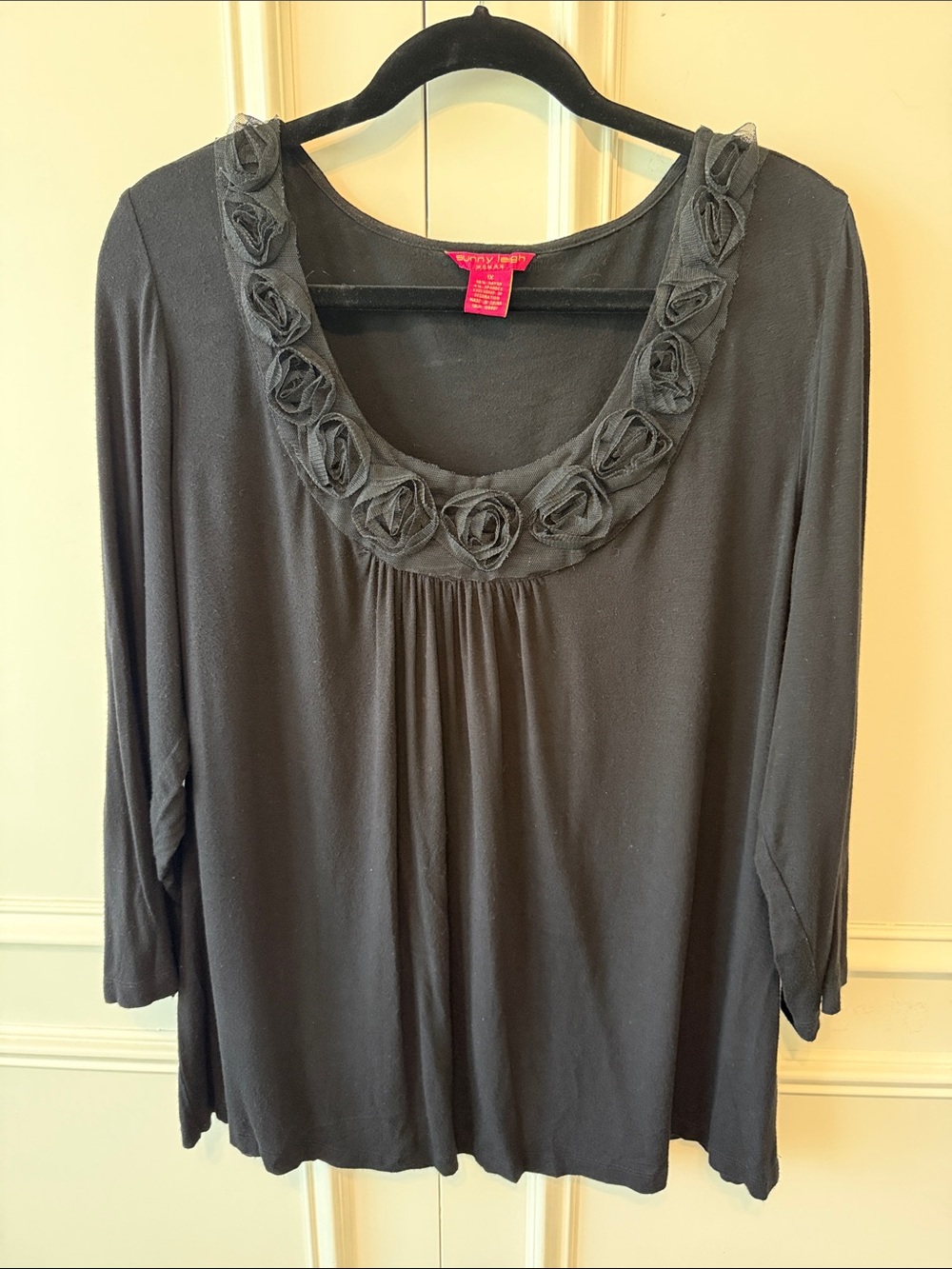Sunny Leigh Black Long Sleeve Scoop Neck Top with Rosette Trim